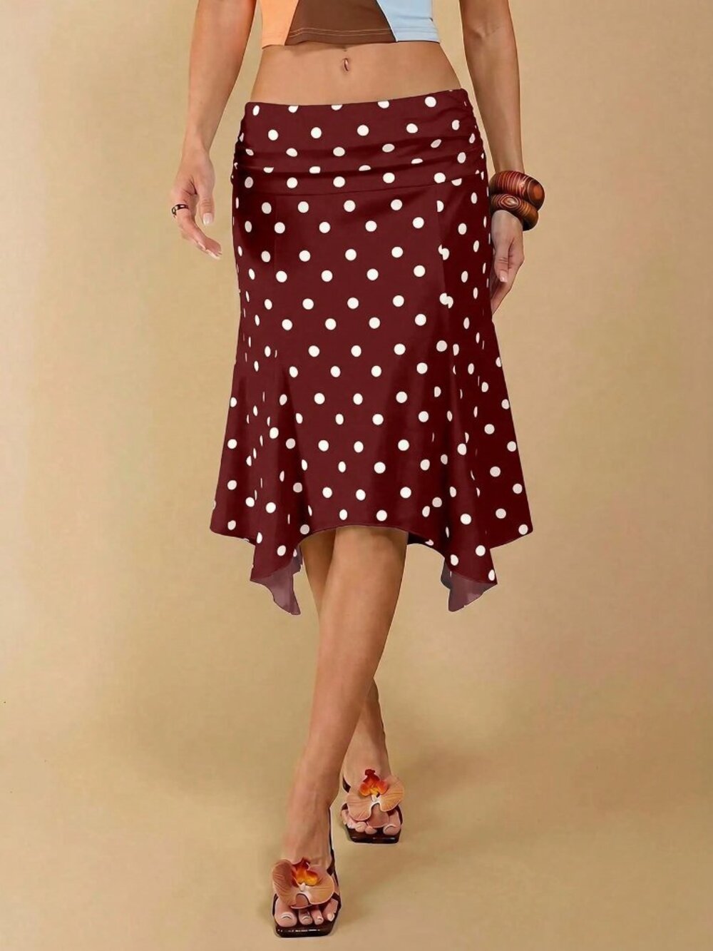 Burgundy Elegant Women's Asymmetrical Geometric Low Waist Ruched Polka Dot Skirt